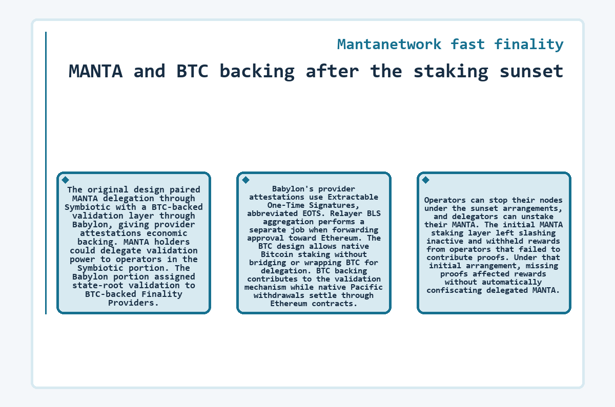 Diagram: MANTA and BTC backing after the staking sunset (Mantanetwork fast finality)